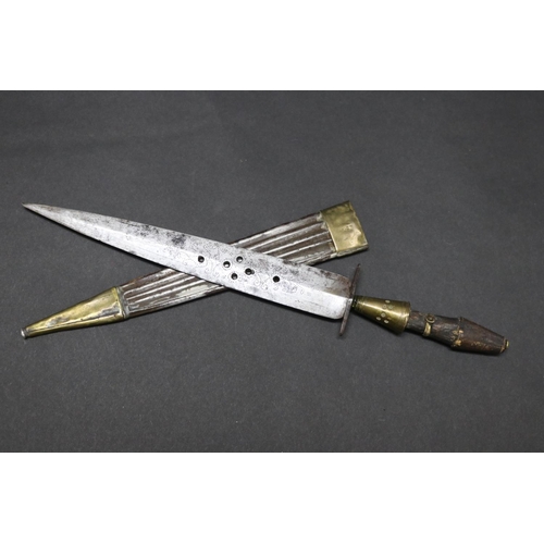 25 - Old Spanish? plug bayonet with scabbard, 31cm overall with 21cm double edged blade with pierced and ... 