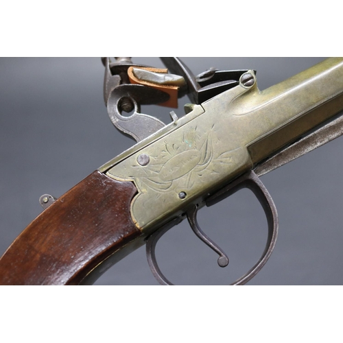 2 - Superb English boxlock flintlock blunderbuss brass barrel pistol with spring bayonet 30cm overall, b... 