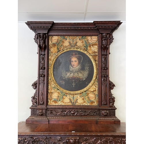 1 - Rare large antique elaborate French fire place surround, mounted with a 19th Century portrait of Mar... 
