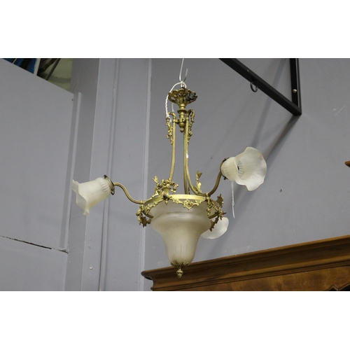 29 - Antique French chandelier, etched glass shades, unknown working condition, approx 66cm H