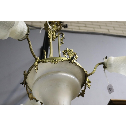 29 - Antique French chandelier, etched glass shades, unknown working condition, approx 66cm H