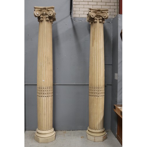 53 - Very tall pair of French painted Corinthian columns, turned fluted wood with cast plaster capitals, ... 