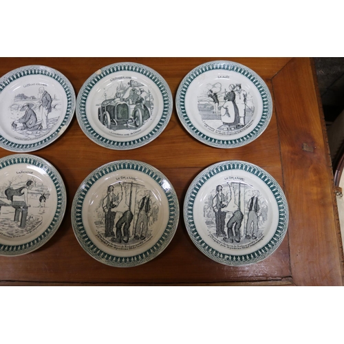 66 - Set of eight antique St Amand French plates, LA NATATION, LE SAUT, LA PECHE A LALIGNE, LE TIR A L'AR... 