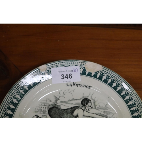 66 - Set of eight antique St Amand French plates, LA NATATION, LE SAUT, LA PECHE A LALIGNE, LE TIR A L'AR... 