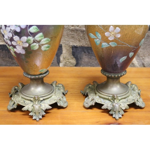 88 - Pair of antique French painted pottery oil lamps, cast brass bases, marked Matador to burners mount,... 