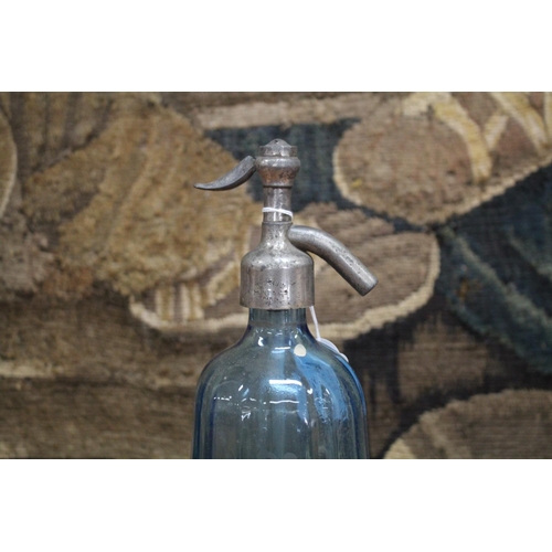 91 - Vintage French blue glass soda siphon, approx 33cm H