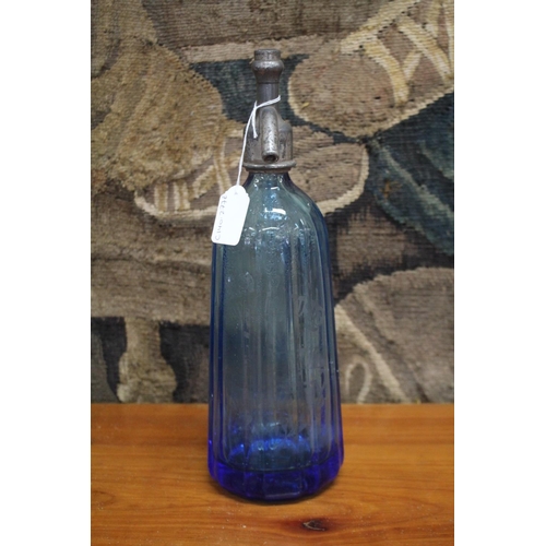 92 - Vintage French blue glass soda siphon, Carot of Laval approx 34cm H