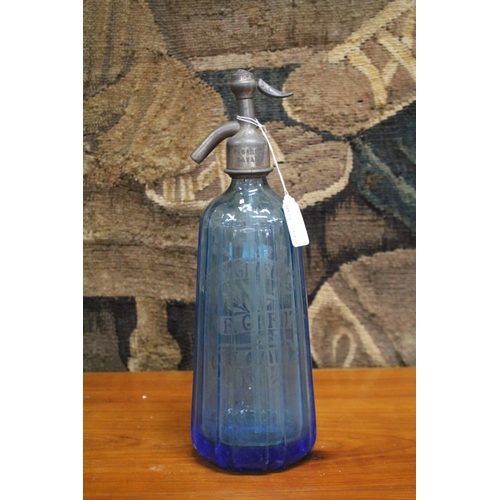 93 - Vintage French blue glass soda siphon, approx 32cm H