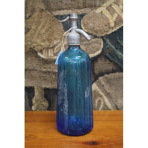 94 - Vintage French blue glass soda siphon, Carot of Laval, approx 33cm H