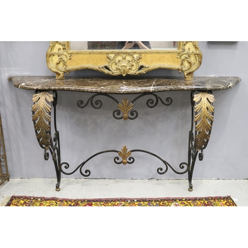 106 - Large French marble topped wrought iron console, applied gilt pressed leaf decoration, approx 99cm H... 