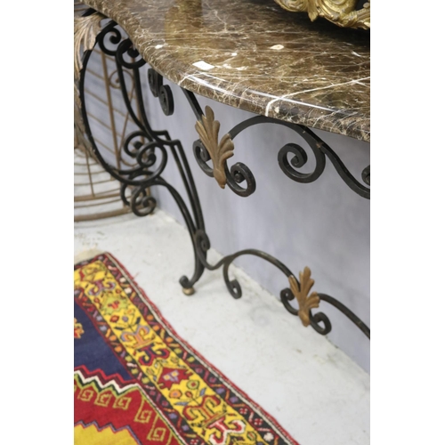 106 - Large French marble topped wrought iron console, applied gilt pressed leaf decoration, approx 99cm H... 