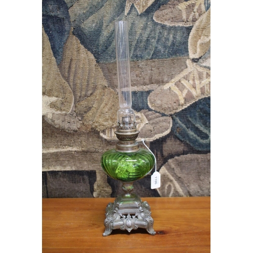 118 - Antique French oil lamp, green glass reservoir, approx 50cm H