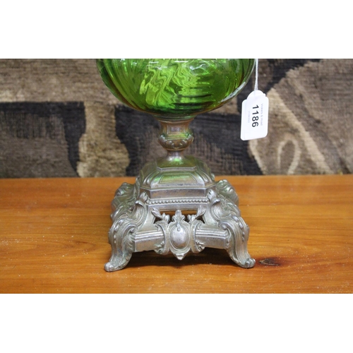 118 - Antique French oil lamp, green glass reservoir, approx 50cm H