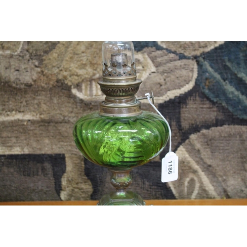 118 - Antique French oil lamp, green glass reservoir, approx 50cm H