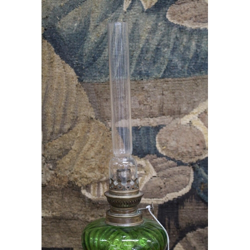 118 - Antique French oil lamp, green glass reservoir, approx 50cm H