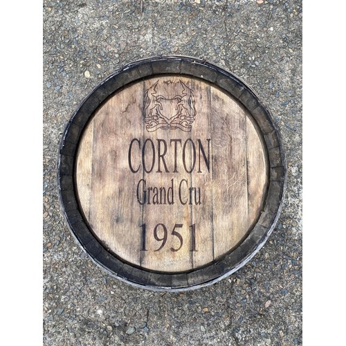 128 - Vintage French barrel front marked Corton Grand Cru 1951, approx 63cm Dia