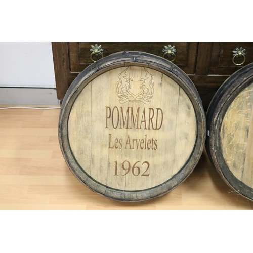132 - Vintage French barrel front marked Pommard Les Arvelets 1962, approx 63cm Dia
