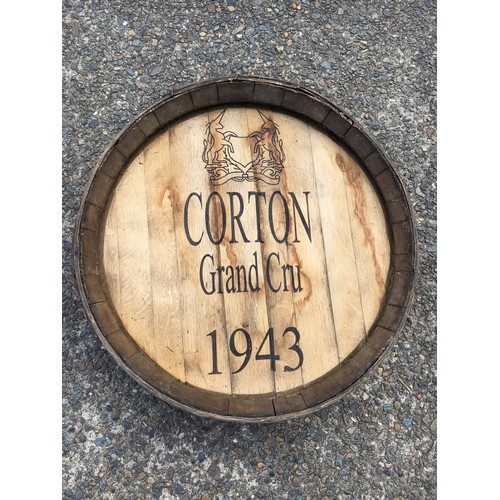 135 - French barrel front marked Corton Grand Cru 1943, approx 63cm Dia