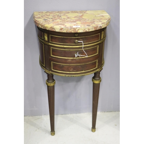 156 - Antique French demi lune marble topped nightstand, wall mountable, approx 81cm H x 46cm W x 34cm D