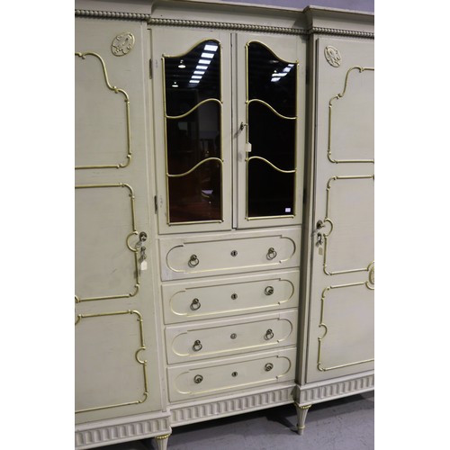 162 - Antique early 20th century Hollywood regency cream painted inverted break front two door armoire, wi... 