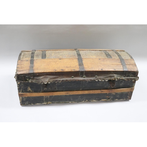 172 - Antique French hide covered trunk, later lined interior, approx 26cm H x 72cm W x 34cm D