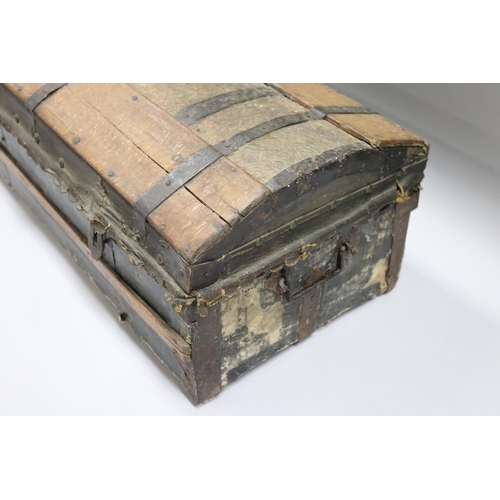 172 - Antique French hide covered trunk, later lined interior, approx 26cm H x 72cm W x 34cm D