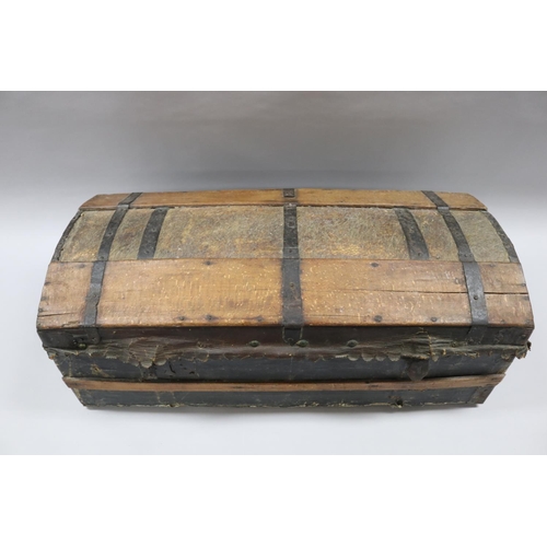 172 - Antique French hide covered trunk, later lined interior, approx 26cm H x 72cm W x 34cm D