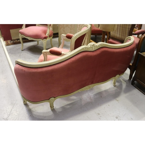 177 - French cream painted Louis XV style bed with pink upholstery, approx 119cm H x 204cm L x 150cm W