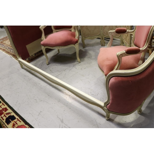 177 - French cream painted Louis XV style bed with pink upholstery, approx 119cm H x 204cm L x 150cm W