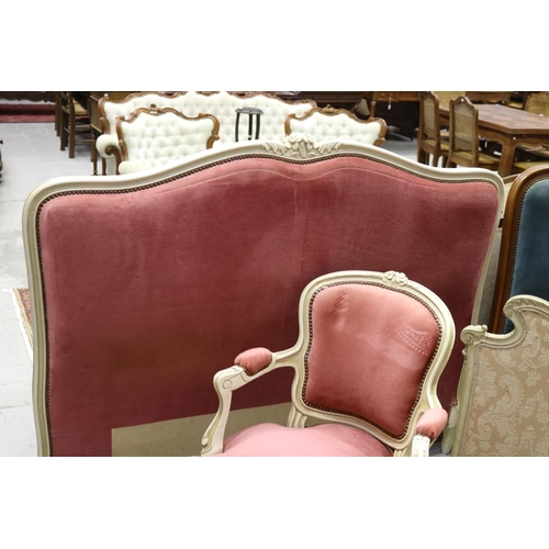 177 - French cream painted Louis XV style bed with pink upholstery, approx 119cm H x 204cm L x 150cm W
