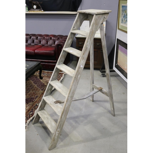 180 - Grey painted wooden ladder, distressed, approx 167cm H (closed)