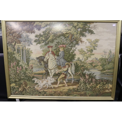 190 - Framed machine tapestry, figures on horse back, approx 70cm x 95cm