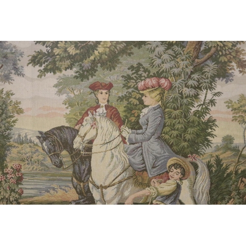 190 - Framed machine tapestry, figures on horse back, approx 70cm x 95cm