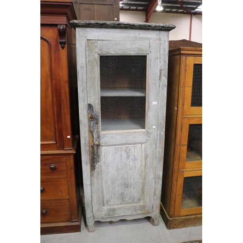 192 - Antique rustic French milk painted cupboard, distressed, chicken wire and enclosed bottom door, appr... 