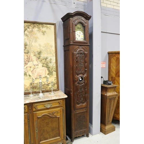 193 - Antique French tall comtoise longcase clock, no key but has pendulum and weights, carved in low reli... 