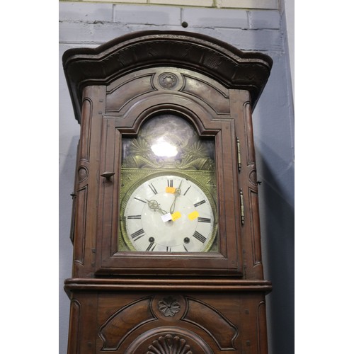 193 - Antique French tall comtoise longcase clock, no key but has pendulum and weights, carved in low reli... 