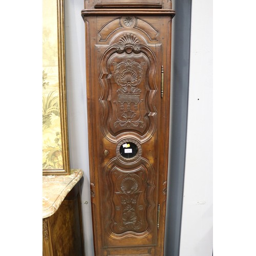 193 - Antique French tall comtoise longcase clock, no key but has pendulum and weights, carved in low reli... 