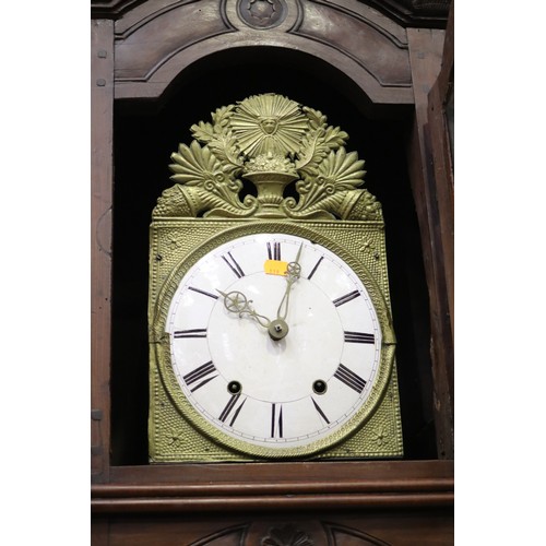 193 - Antique French tall comtoise longcase clock, no key but has pendulum and weights, carved in low reli... 