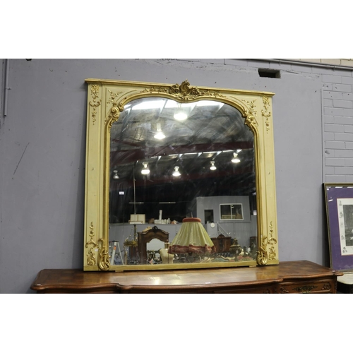 201 - Impressive wide antique French painted and gilt gesso wall panel mirror, approx 168cm H x 177cm W