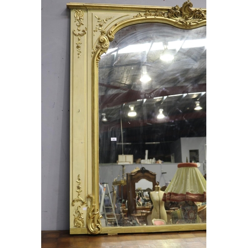 201 - Impressive wide antique French painted and gilt gesso wall panel mirror, approx 168cm H x 177cm W