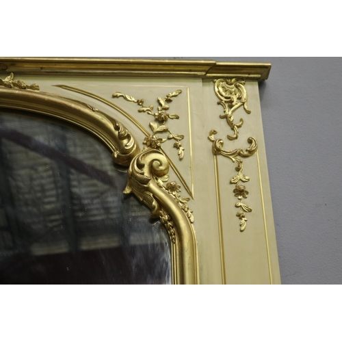 201 - Impressive wide antique French painted and gilt gesso wall panel mirror, approx 168cm H x 177cm W