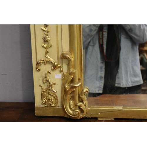 201 - Impressive wide antique French painted and gilt gesso wall panel mirror, approx 168cm H x 177cm W