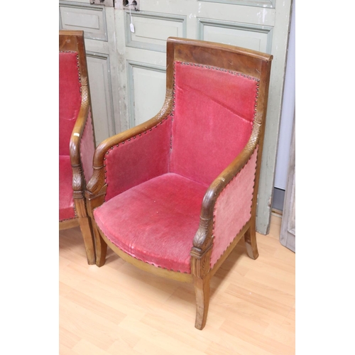 203 - Pair of French Empire style armchairs, carved with scale decoration, each approx 84cm H x 64cm W (2)