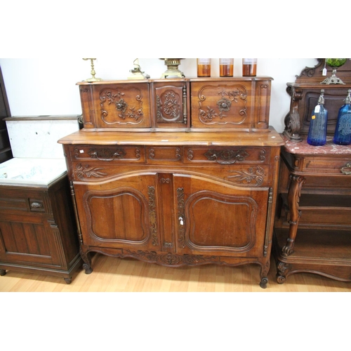 211 - Antique French Louis XV style carved walnut two height buffet, approx 141cm H x 140cm W x 50cm D