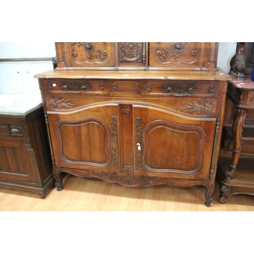 211 - Antique French Louis XV style carved walnut two height buffet, approx 141cm H x 140cm W x 50cm D