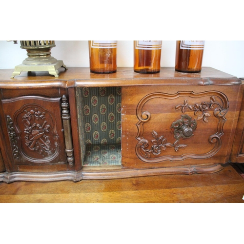 211 - Antique French Louis XV style carved walnut two height buffet, approx 141cm H x 140cm W x 50cm D