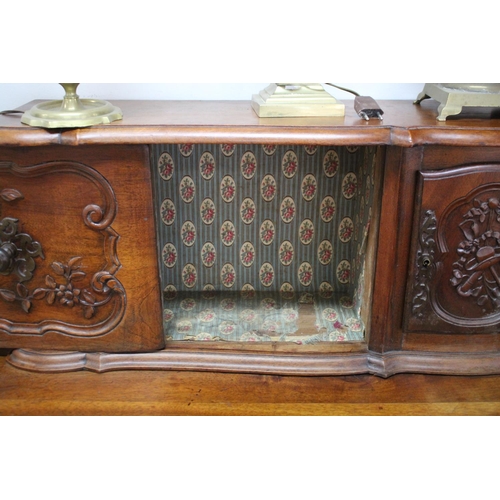 211 - Antique French Louis XV style carved walnut two height buffet, approx 141cm H x 140cm W x 50cm D