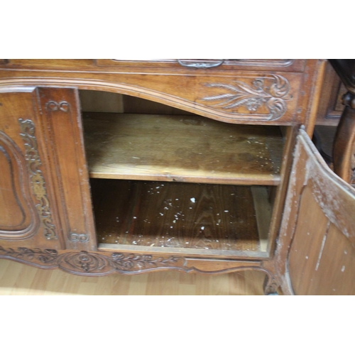 211 - Antique French Louis XV style carved walnut two height buffet, approx 141cm H x 140cm W x 50cm D