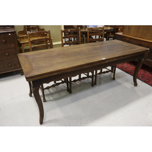 221 - Large French Louis XV style oak drawer leaf dining table, approx 77cm H x 200cm W (closed) x 82cm D