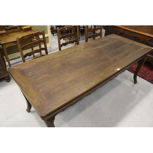 221 - Large French Louis XV style oak drawer leaf dining table, approx 77cm H x 200cm W (closed) x 82cm D